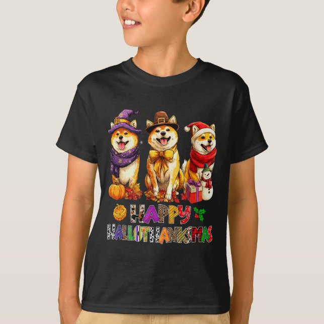 Hallothanksmas Shiba Dogs Halloween Christmas Pump T-Shirt (Vorderseite)