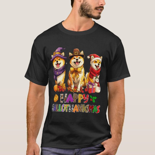 Hallothanksmas Shiba Dogs Halloween Christmas Pump T-Shirt (Vorderseite)