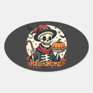 Hallothanksmas Skeleton: Pumpkin Pie & Candy Cane Ovaler Aufkleber