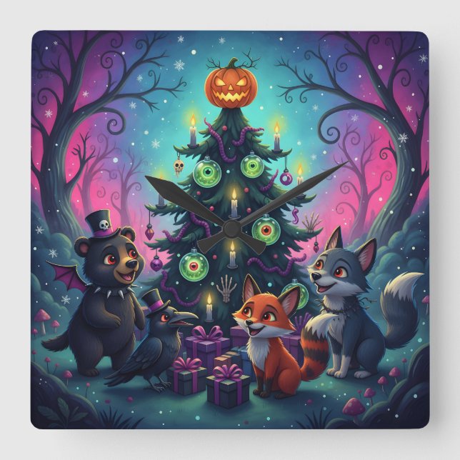Hallow Xmas Tree Szene Quadratische Wanduhr (Vorderseite)