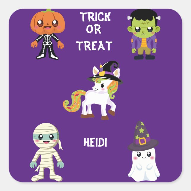 HALLOWEE "TRICK ODER BEHANDLUNGSSTICKER PERSONALIS QUADRATISCHER AUFKLEBER (Vorderseite)