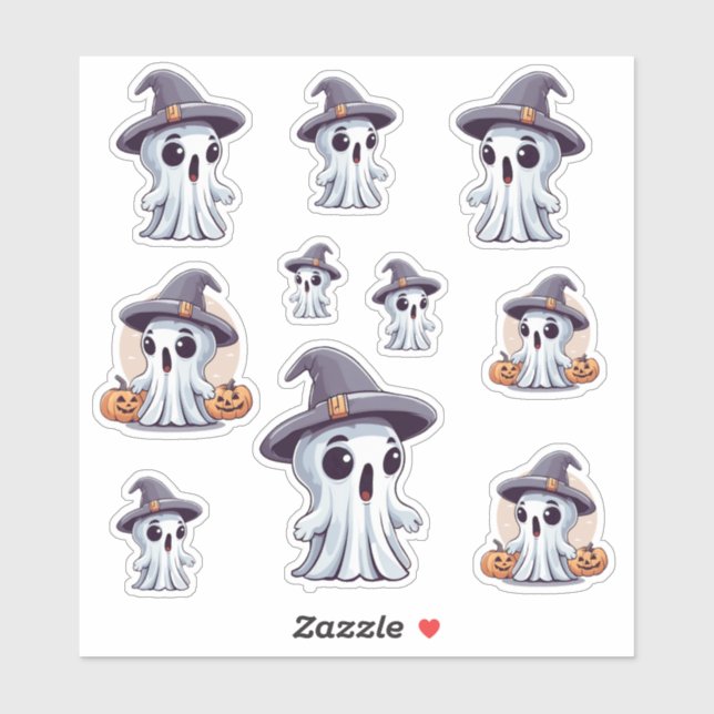 Halloween: 10 Geister mit Hut -  Aufkleber (Blatt)
