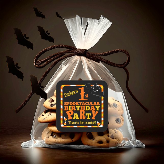 Halloween 1. Spooktacular Geburtstagsparty Quadratischer Aufkleber (Cute Halloween 1st Spooktacular Birthday Party Square Favor Sticker)