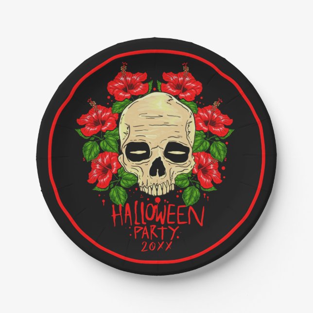 Halloween 20xx Skull Red Hibiskus Black 7" Pappteller (Vorderseite)