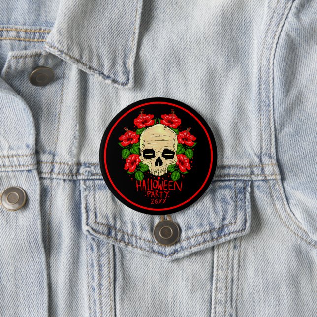 Halloween 20xx Skull Red Hibiskus Black Button (Beispiel)
