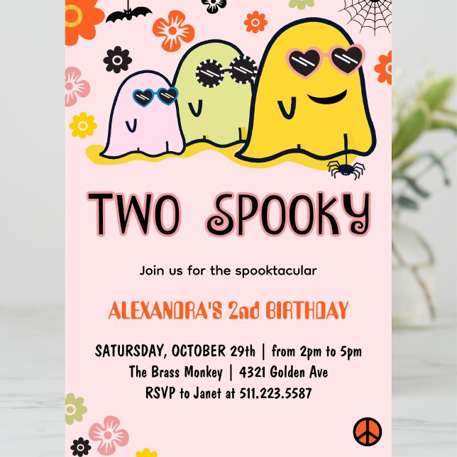 Halloween 2. Geburtstagseinladungen 2 Spooky Einladung (Halloween-2nd-Birthday-Invitations-Two-Spooky-groovy-pink-1)