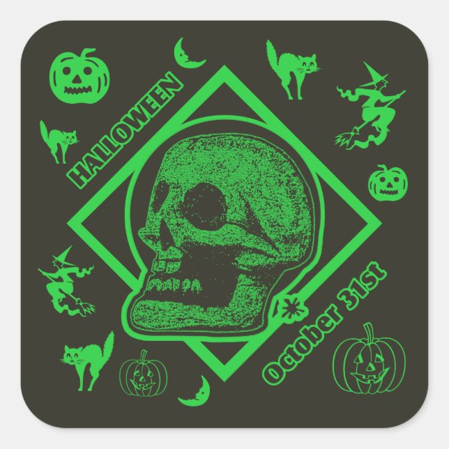 Halloween 31. Collage Green Quadratischer Aufkleber (Vorderseite)