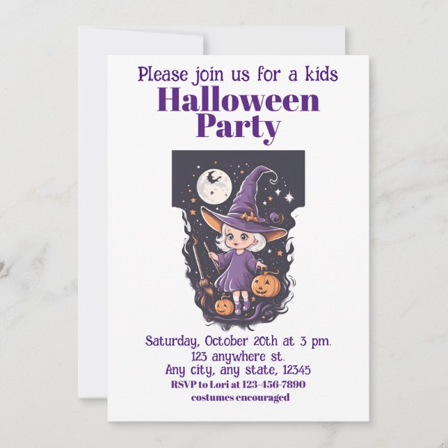 Halloween 4 Kids, charmante Zauberkunst Einladung (Vorderseite)