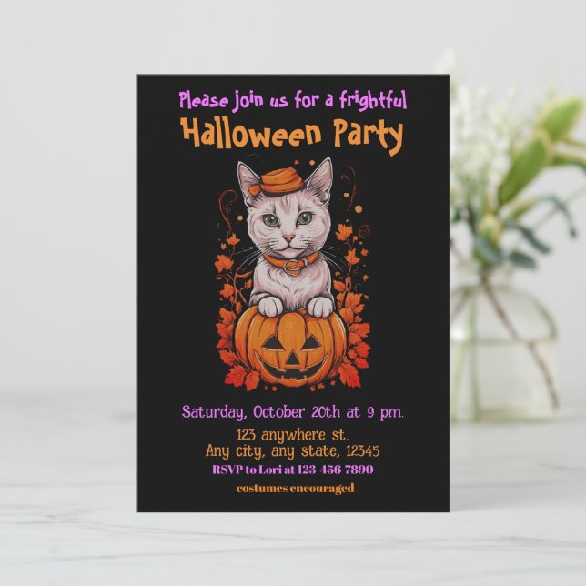 Halloween, 6 kitty, fun, spuke, Jack-o-lantern, Einladung (Stehend Vorderseite)