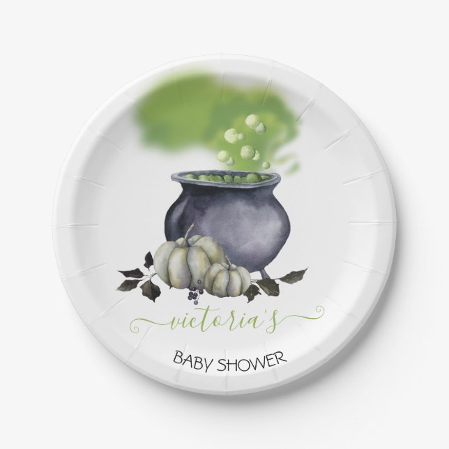 Halloween A Baby wird Caldron Baby Shower Pappteller (Vorderseite)