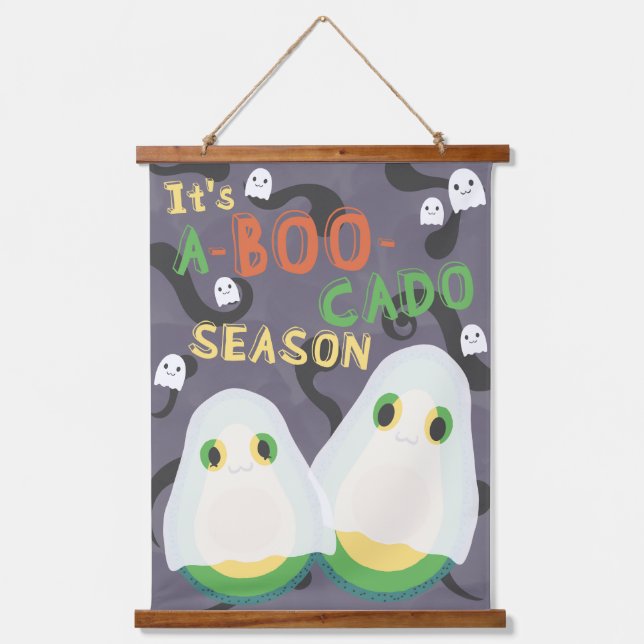 Halloween A-BOO-Cado Spooky Niedlich Avocado Ghost Wandteppich Mit Holzrahmen (Vorderseite)