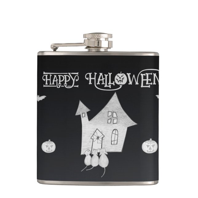 Halloween-Abend mit Spuk Haus, Fledermäusen, Kürbi Flachmann (Vorderseite)