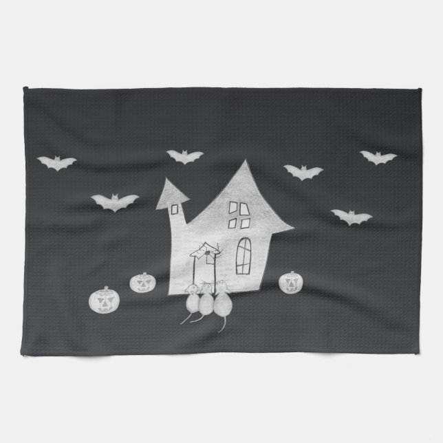 Halloween-Abend mit Spuk Haus, Fledermäusen, Kürbi Geschirrtuch (Horizontal)