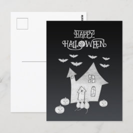 Halloween-Abend mit Spuk Haus, Fledermäusen, Kürbi Postkarte