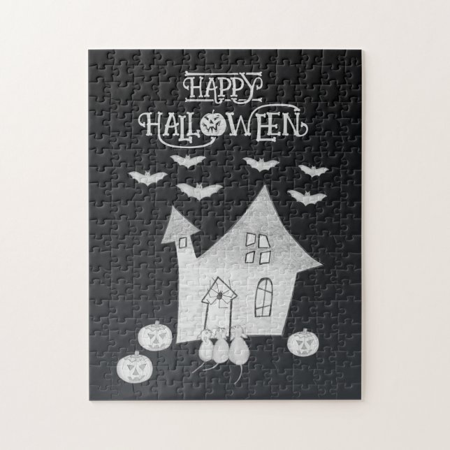 Halloween-Abend mit Spuk Haus, Fledermäusen, Kürbi Puzzle (Vertikal)