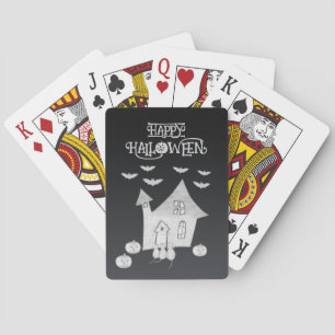 Halloween-Abend mit Spuk Haus, Fledermäusen, Kürbi Spielkarten
