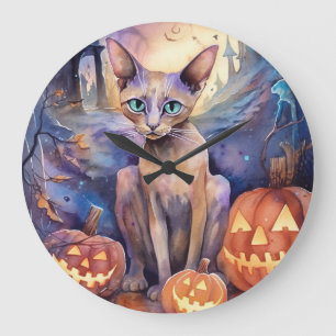 Halloween Abessinerkatze mit Kürbis Beängstigend Große Wanduhr