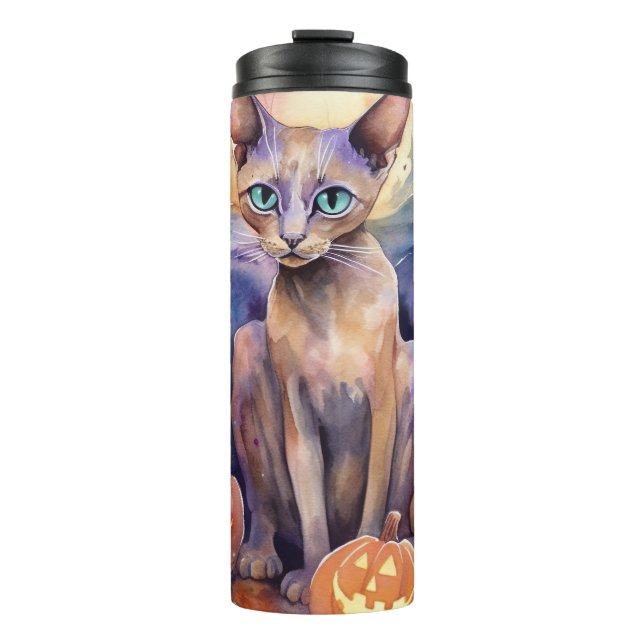 Halloween Abessinerkatze mit Kürbis Beängstigend Thermosbecher (Vorderseite)