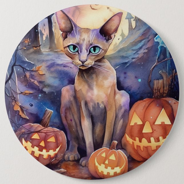 Halloween Abessinerkatze mit Pumpkins Beängstigend Button (Vorderseite)