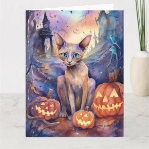 Halloween-Abessinierkatze mit Kürbis Gruselig Karte