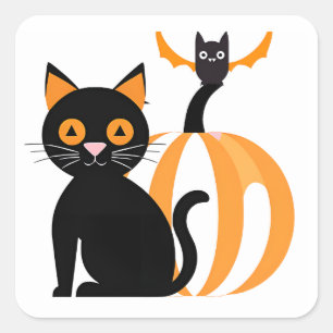 Halloween Adorable Black Cat Pumpkin und Bat Quadratischer Aufkleber