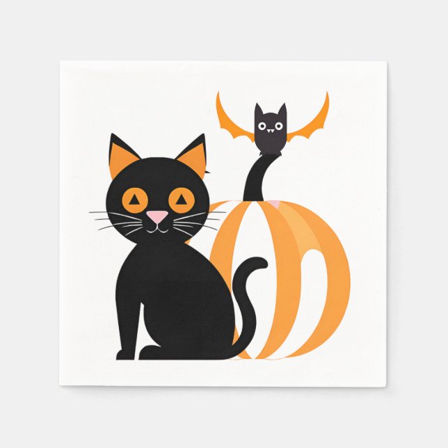 Halloween Adorable Black Cat Pumpkin und Bat Serviette (Vorderseite)
