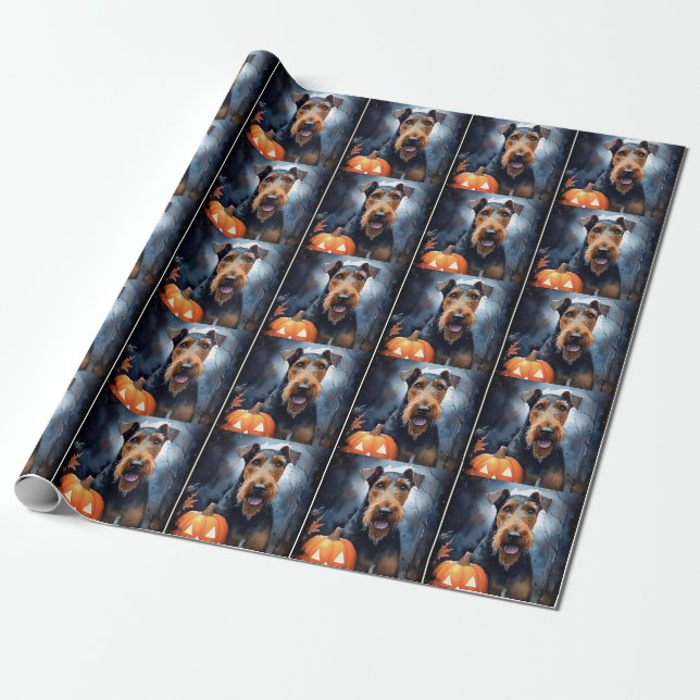 Halloween Airedale mit Pumpkins Beängstigend Geschenkpapier (Ungerollt)