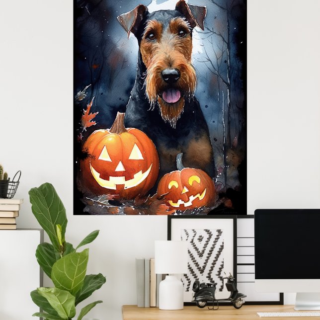 Halloween Airedale mit Pumpkins Beängstigend Poster (Heimbüro)