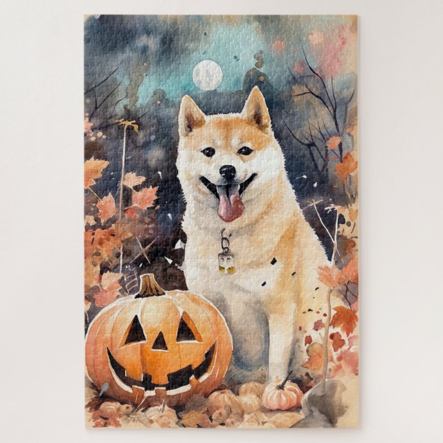 Halloween Akita mit Pumpkins Beängstigend Puzzle (Vertikal)