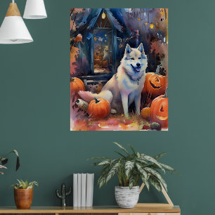 Halloween Alaskan Malamute mit Kürbissen Gruselig Poster