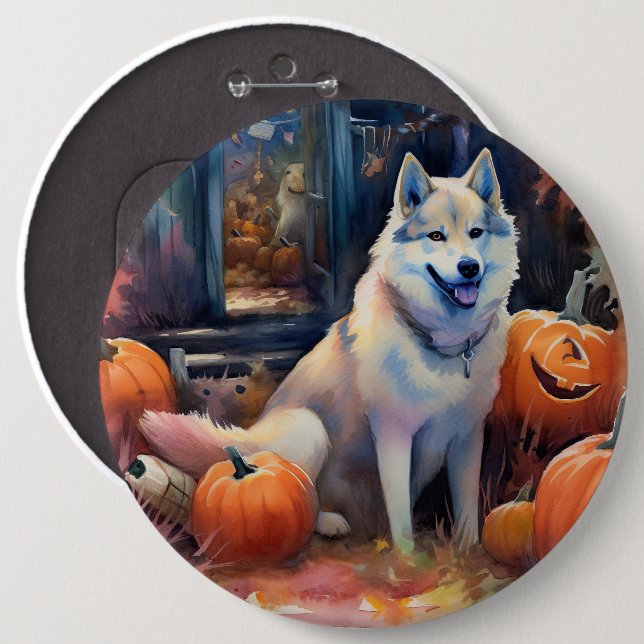 Halloween Alaskan Malamute mit Pumpkins Beängstige Button (Vorne & Hinten)