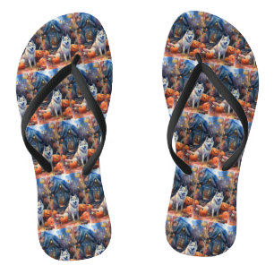 Halloween Alaskan Malamute mit Pumpkins Beängstige Flip Flops