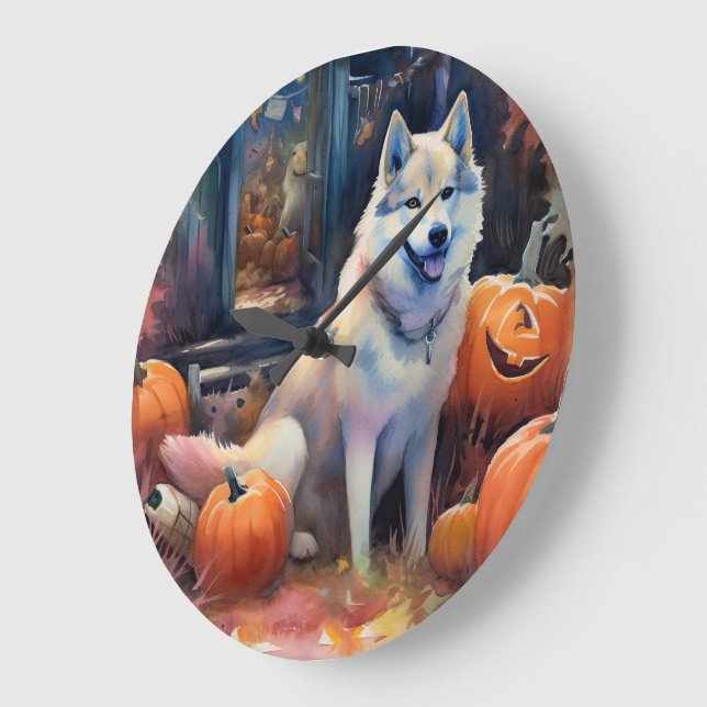 Halloween Alaskan Malamute mit Pumpkins Beängstige Große Wanduhr (Winkel)