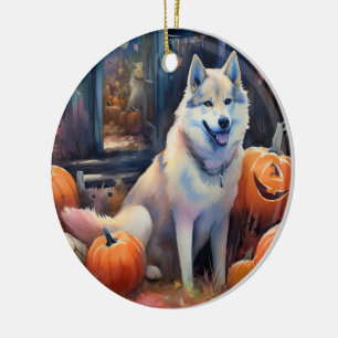 Halloween Alaskan Malamute mit Pumpkins Beängstige Keramik Ornament