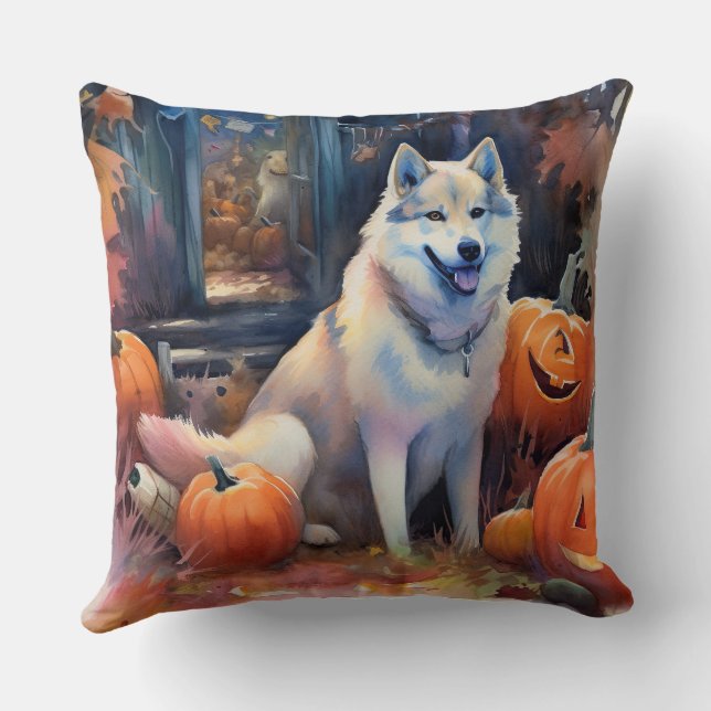 Halloween Alaskan Malamute mit Pumpkins Beängstige Kissen (Rückseite)