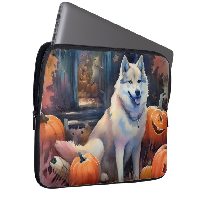 Halloween Alaskan Malamute mit Pumpkins Beängstige Laptopschutzhülle (Vorne Rechts)