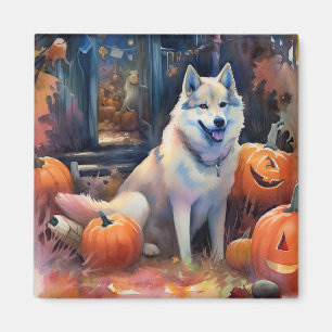 Halloween Alaskan Malamute mit Pumpkins Beängstige Magnet