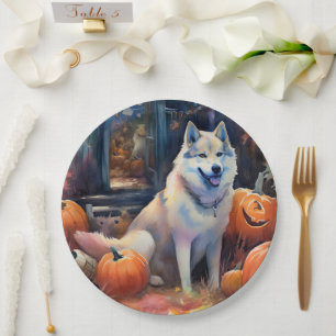 Halloween Alaskan Malamute mit Pumpkins Beängstige Pappteller