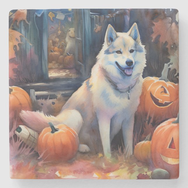 Halloween Alaskan Malamute mit Pumpkins Beängstige Steinuntersetzer (Vorderseite)