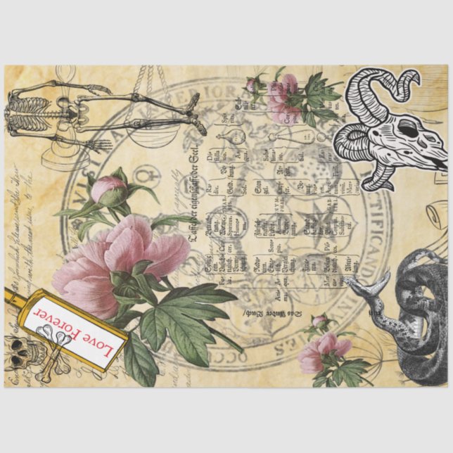 Halloween Alchemy Pink Peony Skeleton Ephemera Seidenpapier (Vorderseite)