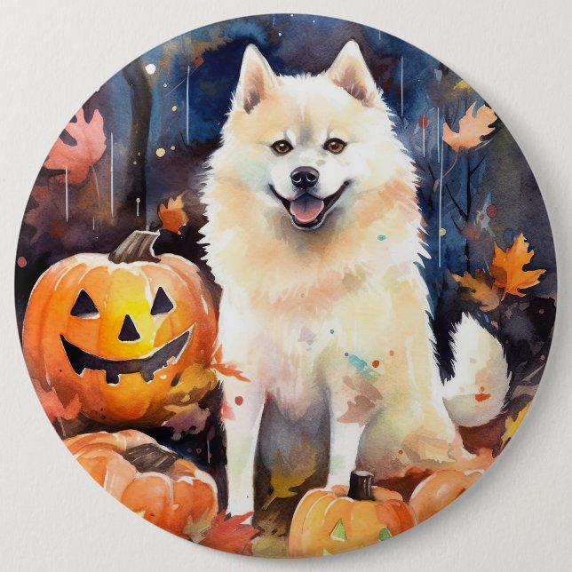 Halloween American Akita mit Pumpkins Beängstigend Button (Vorderseite)