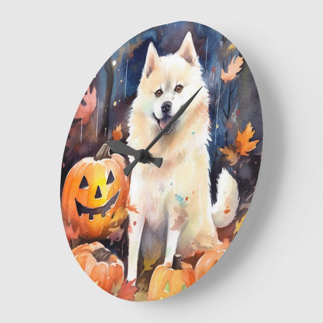 Halloween American Akita mit Pumpkins Beängstigend Große Wanduhr (Winkel)