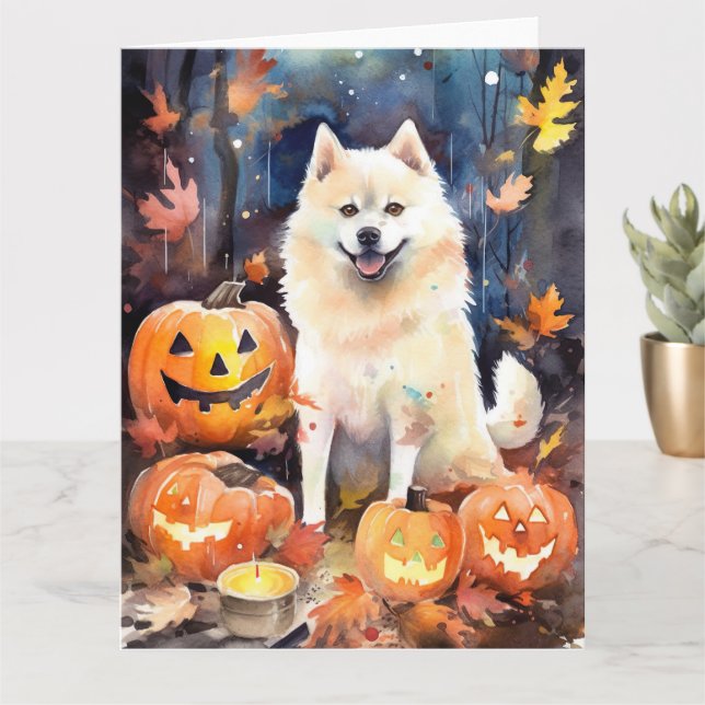 Halloween American Akita mit Pumpkins Beängstigend Karte (Kleine Pflanze)