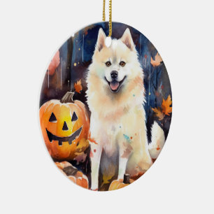 Halloween American Akita mit Pumpkins Beängstigend Keramik Ornament
