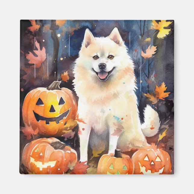 Halloween American Akita mit Pumpkins Beängstigend Magnet (Vorne)