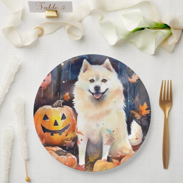 Halloween American Akita mit Pumpkins Beängstigend Pappteller (Hochzeit)