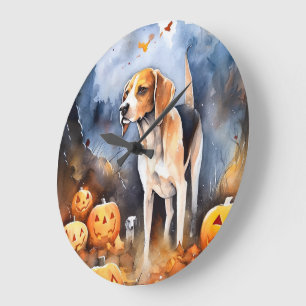 Halloween American English Foxhound mit Kürbissen Große Wanduhr