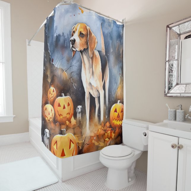 Halloween American English Foxhound with Pumpkins Duschvorhang (Beispiel)