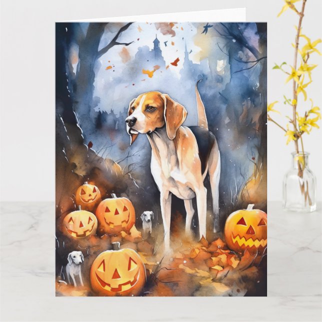 Halloween American English Foxhound with Pumpkins Karte (Gelbe Blume)