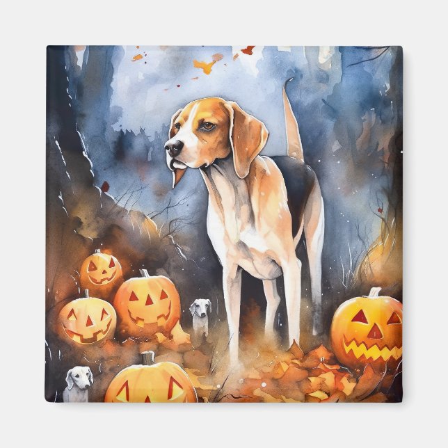 Halloween American English Foxhound with Pumpkins Magnet (Vorne)